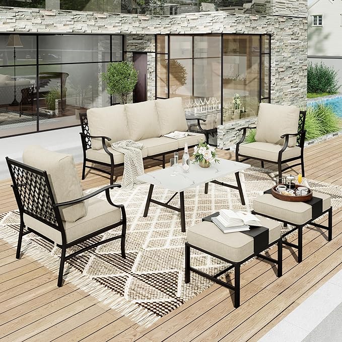 HERA'S HOUSE 6 Piece Patio Furniture Set, 2 x Metal Cushioned Chair, 2 x Cushioned Ottoman, 1 x 3-Seat Sofa with Marbling Coffee Table, Outdoor Conversation Set for Lawn Garden Backyard