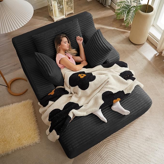 Boneless Couch Sofa Chiar Chaise Lounge Chair Indoor Upholstered Corduroy Couch Cloud Sleeper Sofa Oversized Reading Chair for Living Room No Assembly Required (Black, 50" W x 67" D)