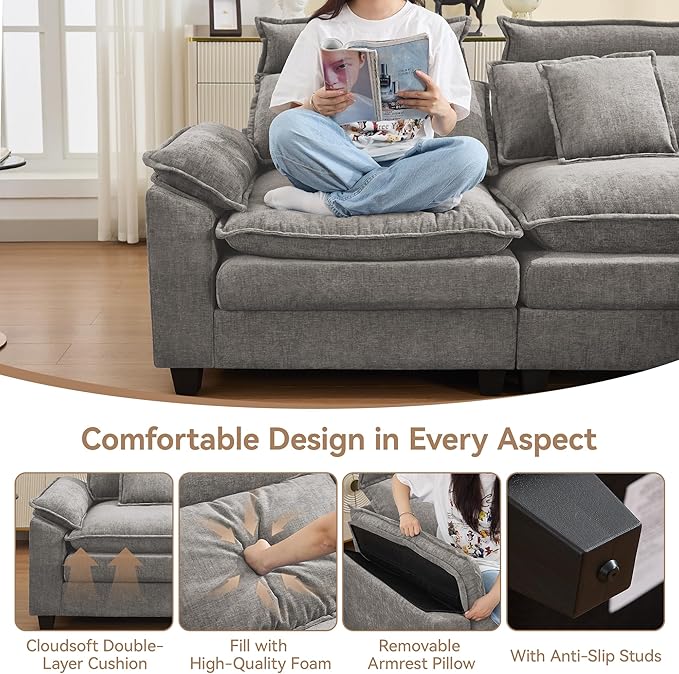 103'' Cloud Modern 3 Seater Couch with Detachable Headrest, Modular Sectional Sofa with Ottoman, Oversized L Shape Chenille Comfy Sofa with Armrests for Living Room, Light Grey