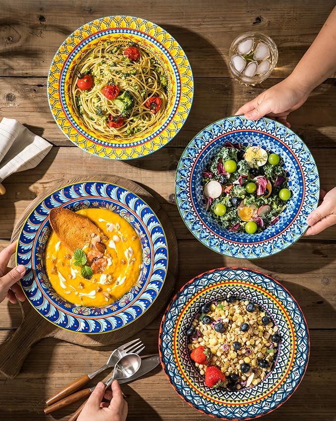 Soup and Pasta Bowls/Plates Set of 4-18 Oz Wide Rim, Porcelain Serving Bowls for Kitchen, Deep Dinner Plates - Microwave & Dishwasher Safe - Bohemian Style