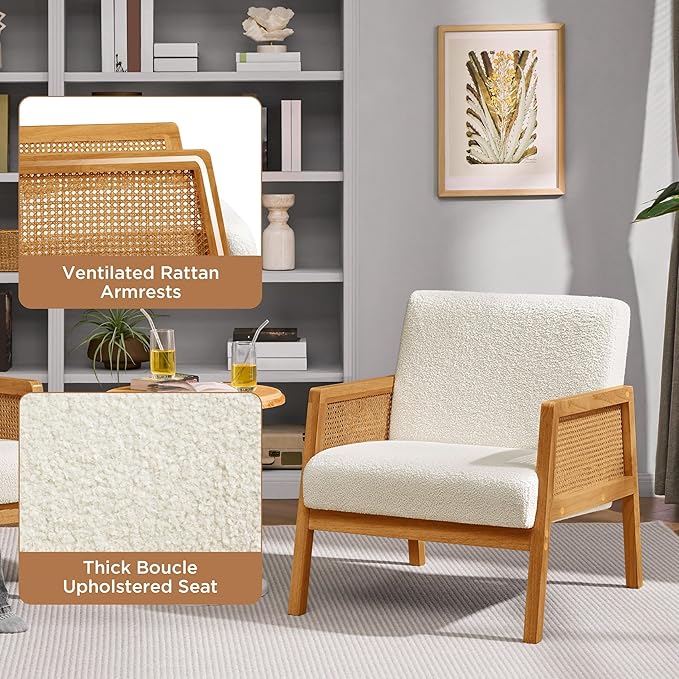 Yaheetech Boucle Fabric Accent Chair, Vintage Rattan Vanity Chair with Wood Armrest and Legs for Living Room Bedroom Makeup Room, Ivory 1