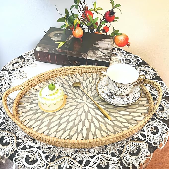 I-LAN 15 Inch Oval Rattan Woven Tray Basket with Beige MOP Wooden Base and Handles, Boho Wicker Coffee Table Serving Tray Décor with 2 Inch Wall, Handmade Display Basket for Countertop, L