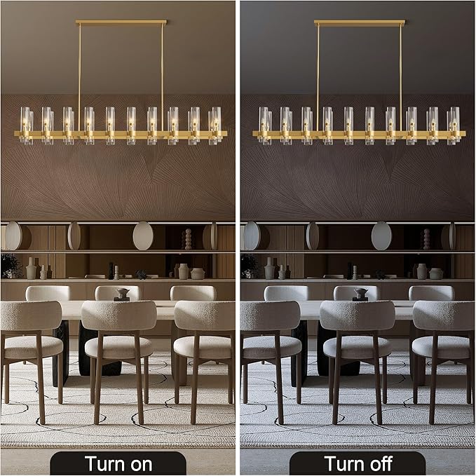 Brass Kitchen Island Lighting-20-Light Linear Chandelier, Adjustable 67.7'' Modern Farmhouse Rectangle Pendant Light Fixtures, Dining Room, Bedroom