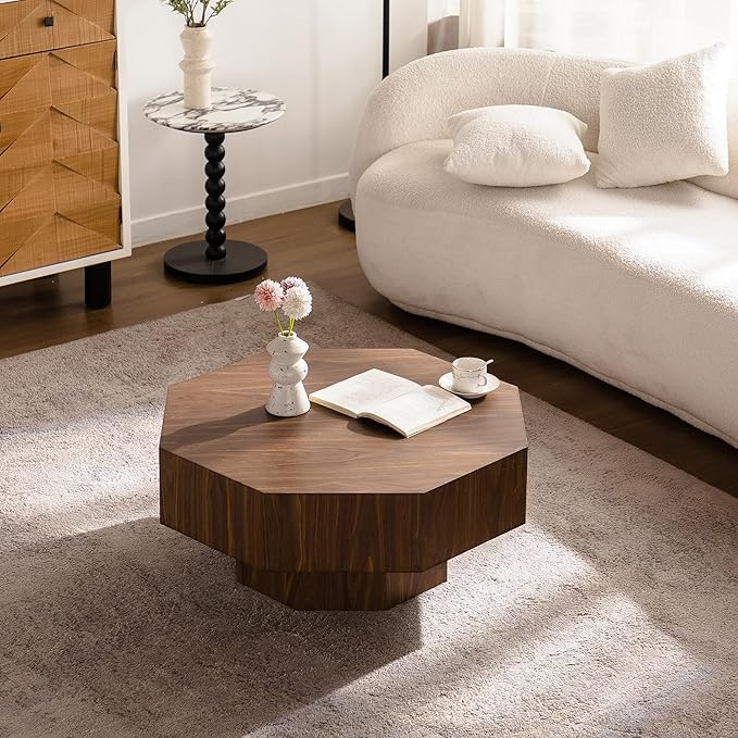 31.51" Coffee Table, Mid Century Modern Accent Coffee Tables, Octagonal-Shaped Wooden Centre End Table for Living Room Home Furniture - Walnut