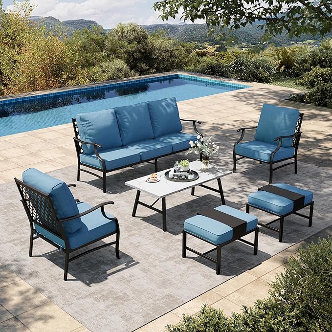 HERA'S HOUSE 6 Piece Patio Furniture Set, 2 x Metal Cushioned Chair, 2 x Cushioned Ottoman, 1 x 3-Seat Sofa with Marbling Coffee Table, Outdoor Conversation Set for Lawn Garden Backyard, Navy Blue