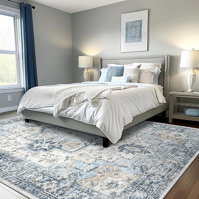 GENIMO 5x7 Area Rugs for Living Room, Machine Washable Rug, Non Slip Vintage Rugs, Low Pile Lightweight Chenille Print Indoor Rug for Bedroom, Dining Room, Home Office, Blue