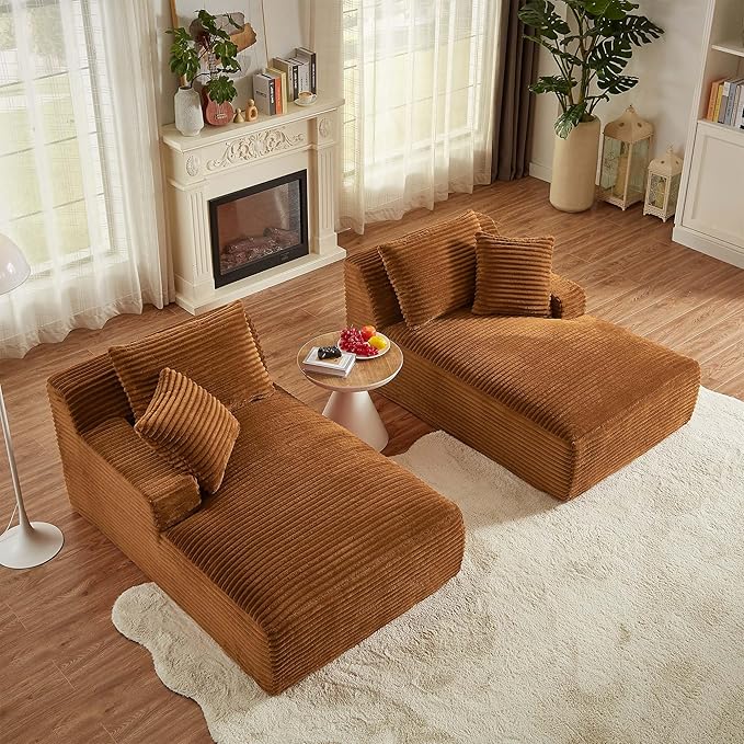 GNIXUU 78.8" Oversized Double Chaise Lounges Indoor, 2 Pieces Comfy Corduroy Chaise Lounge Chair Cloud Boneless Couch, Fluffy Upholstered Sleeper Loveseat Bed for Living Room Bedroom Reading(Orange)