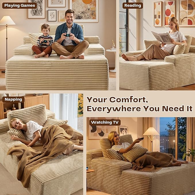Chaise Lounge Chair Indoor, Oversized Sleeping Couch 67" L * 48.5" W Assembly Free Modern Minimalist Sofa, Extra Deep Large Single Seat Sofa for Living Room (Beige Plush Fabric)