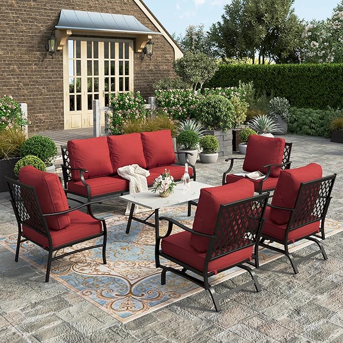 HERA'S HOUSE 6 Piece Patio Furniture Set, 2 x Rocking Chair, 2 x Fixed Chair, 1 x 3-Seat Sofa with Marbling Coffee Table, Outdoor Conversation Set for Lawn Garden Backyard, Red