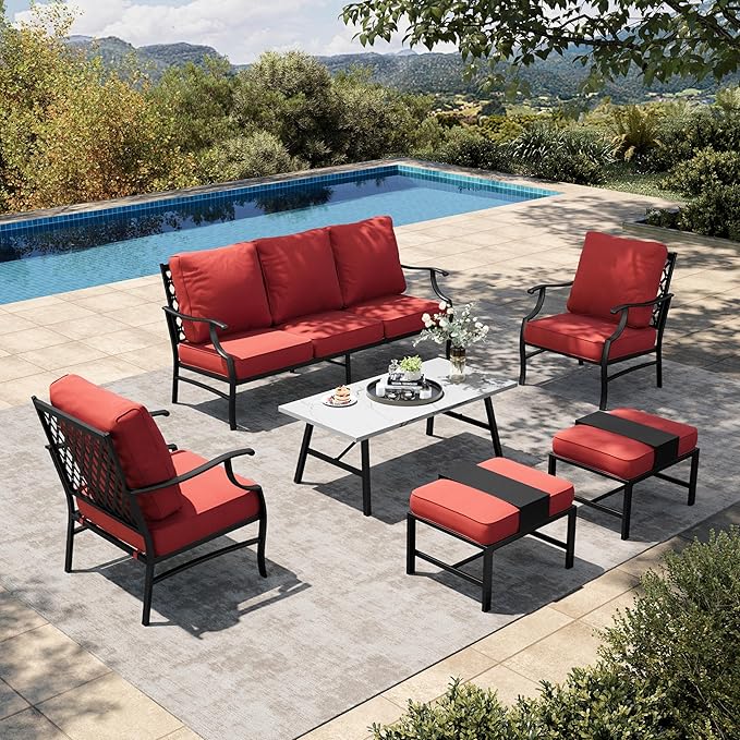 HERA'S HOUSE 6 Piece Patio Furniture Set, 2 x Metal Cushioned Chair, 2 x Cushioned Ottoman, 1 x 3-Seat Sofa with Marbling Coffee Table, Outdoor Conversation Set for Lawn Garden Backyard, Red