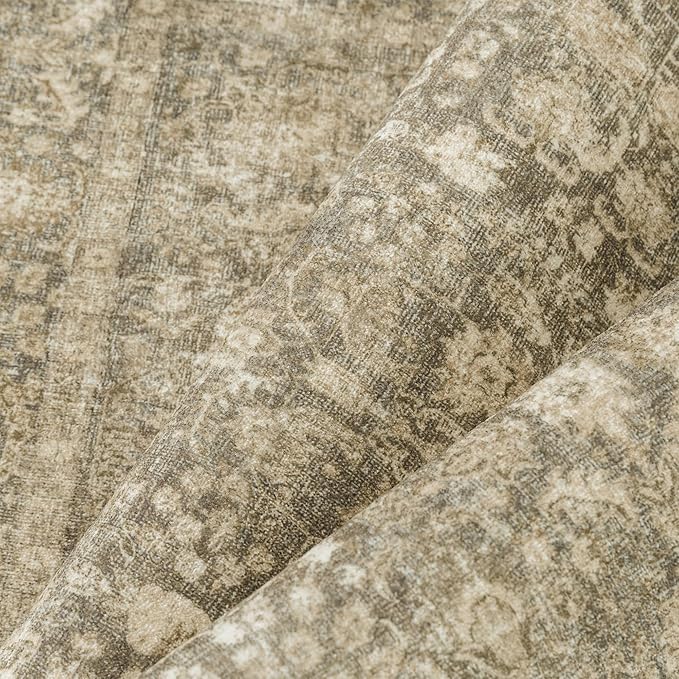 Brown Area Rug 8x10 Machine Washable Large Vintage Living Room Distressed Non Slip Carpet Traditional Indoor Bedroom Retro Floral Accent Throw Rug for Office Kitchen Dining Room