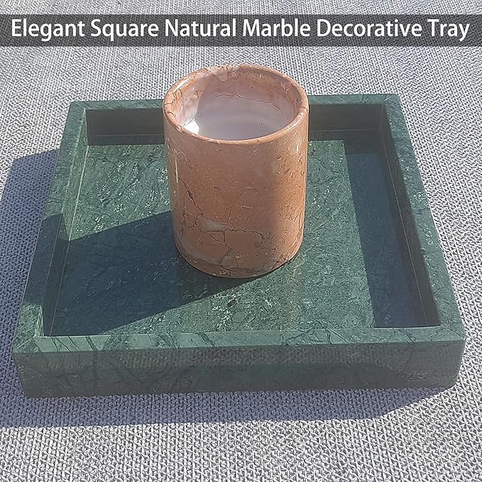 8x8 Natural Marble Vanity Tray: Polished Luxury Square Organizer for Bathroom Kitchen Dresser Makeup Jewelry Coffee Table Home Decor, Dark Green