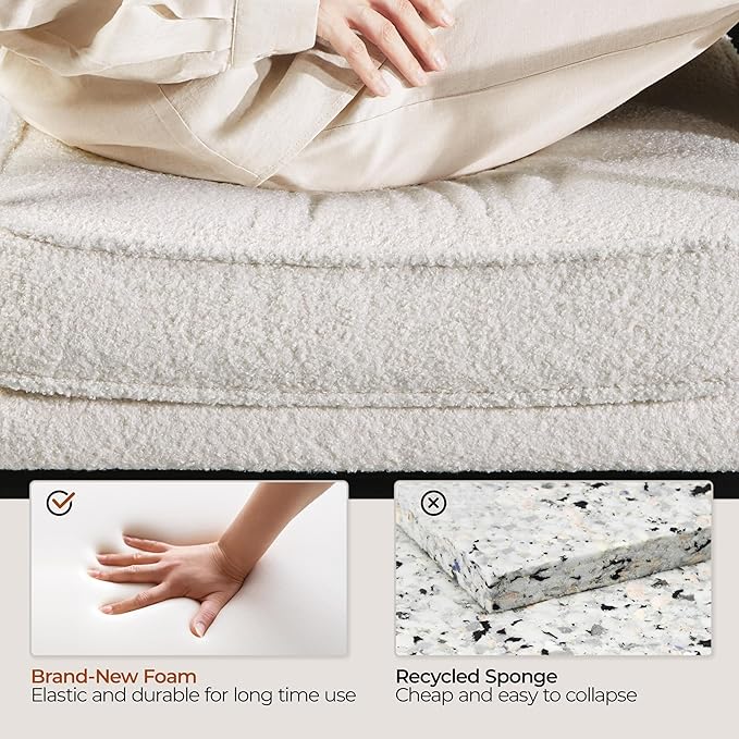 Yaheetech Teddy Boucle Fabric Armchair, Retro Leisure Accent Chair with Extra Soft Padded and Cushion, Modern Reading Arm Chair with Black Metal Frame for Living Room/Office/Bedroom/Study, Ivory