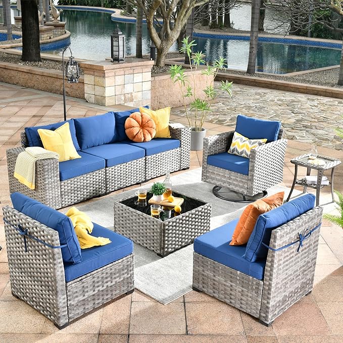 ovios 8 Pieces Patio Furniture Set, Outdoor Wicker Sectional Sofa with Swivel Chair Coffee Table, Modern Modular Deep Seat Rattan Couch Conversation Sets, Navy Blue
