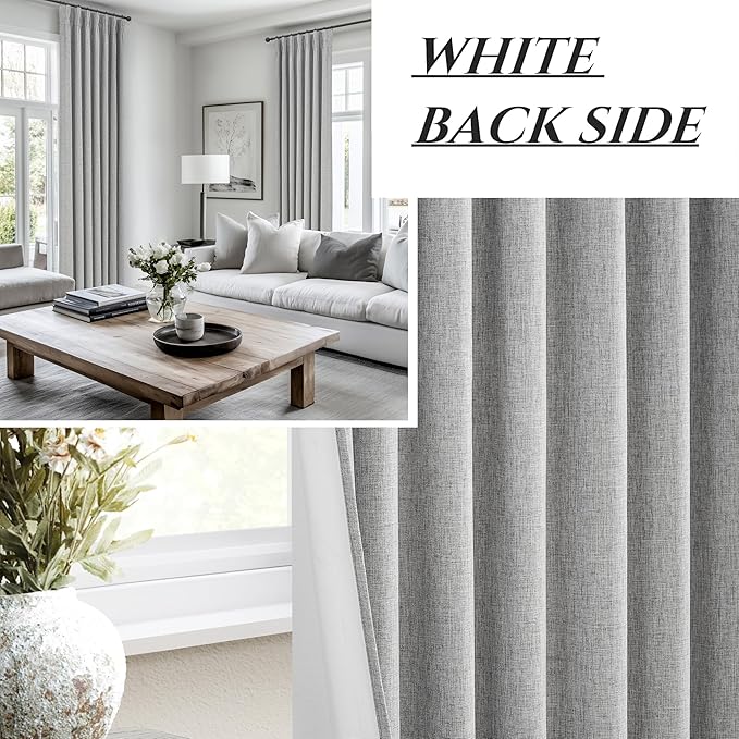 Grey Black Out Curtains 84 Inch Long for Living Room, Pinch Pleated Flax Linen Modern Insulated Drapes with Hooks Back Tab Bedroom Curtain 84 Inch Length 2 Panels Set Soundproof Privacy Windows Burg