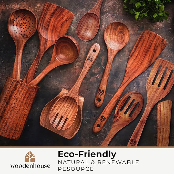 Wooden Spoons for Cooking – Wooden Cooking Utensils Set with Holder, Spoon Rest & Hooks, Teak Wood Nonstick Kitchen Cookware – Durable Set of 12pcs by Woodenhouse