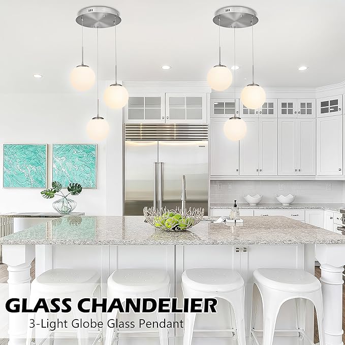 KoKo&Yukina 3-Light Globe Glass Pendant Light Modern Nickel Glass Chandelier Adjustable Length Pendant Lights Fixtures with Milky White Globe Ceiling Light for Kitchen Island (Bulb & Remote Incl.)