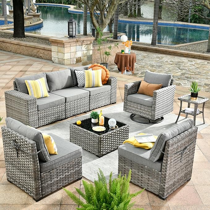 ovios 8 Pieces Patio Furniture Set, Outdoor Wicker Sectional Sofa with Swivel Chair Coffee Table, Modern Modular Deep Seat Rattan Couch Conversation Sets, Dark Grey