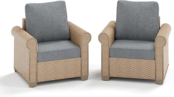 Patio Furniture Set 2 pcs, Wicker Outdoor Patio Furniture, 2 Single Chairs, Rattan Patio Conversation Set for Backyard Deck, Grey