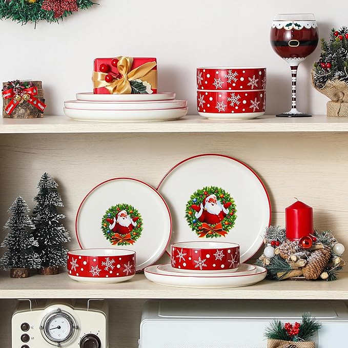 MALACASA Plates and Bowls Sets, 12 Pieces Christmas Porcelain Dinnerware Set for 4, Ceramic Dishware Dishes Kitchen Dinner Dining Ware Set, Microwave and Dishwasher Safe, Series LUNA-Santa Claus