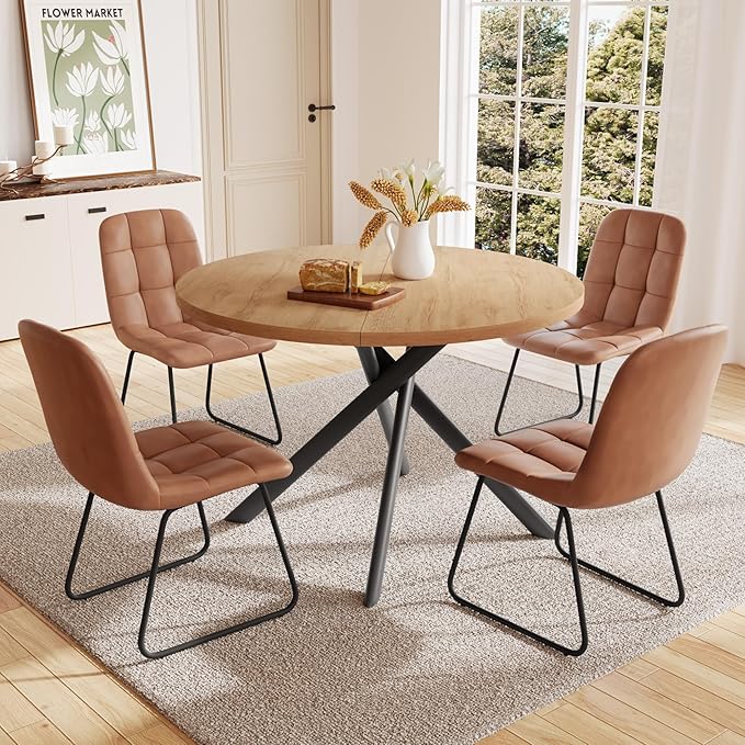 45.3 Inch Modern Round Dining Table for 4, Space-Saving Dinette with Carbon Steel Legs for Home Kitchen Apartment(Oak Table)