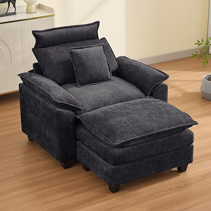 46''Cloud Oversized Sofa Chair with Detachable Headrest, Upholstered Comfy Arm Accent Chair with Ottoman,Modern Chenille Reading Lounge Armchair for Living Room,Bedroom, Dark Grey