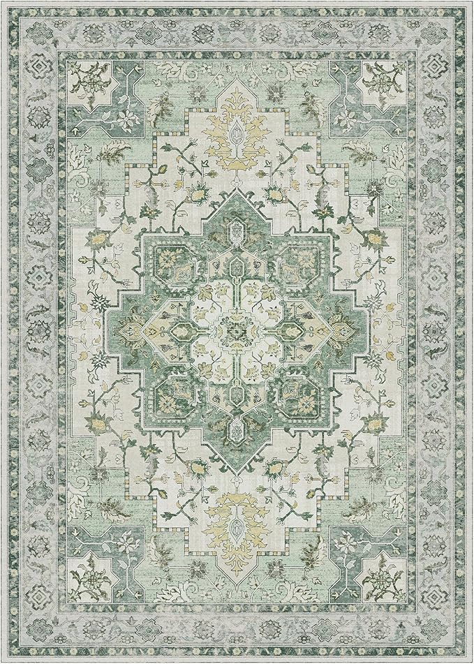 GENIMO 7'6''x9'6'' Area Rugs for Living Room, Machine Washable Non Slip Vintage Rugs, Low Pile Lightweight Chenille Print Rug for Bedroom, Dining Room, Home Office, Green