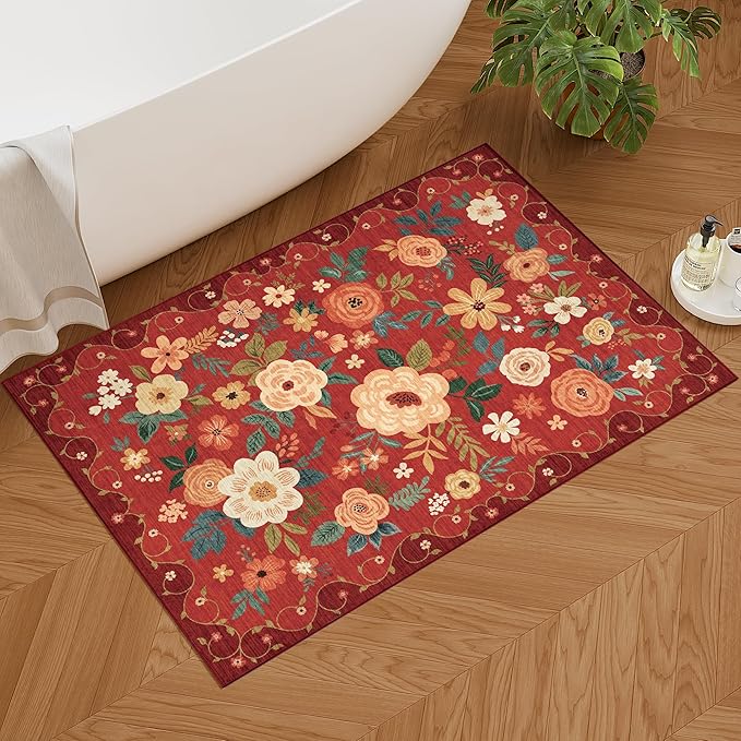 DUKINO 2x3 Rugs for Entryway, Floral Indoor Washable Door Mat, Non Slip Boho Small Rug for Kitchen, Soft Low Pile Front Door Throw Rug for Entrance, Bedroom, Kitchen, Laundry, Bathroom, Red