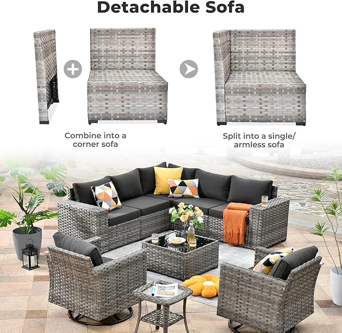 ovios 9 Pieces Patio Furniture Set, Outdoor Wicker Sectional Sofa with 2 Swivel Chairs Coffee Table, Modern Modular Deep Seat Rattan Couch Conversation Sets, Black