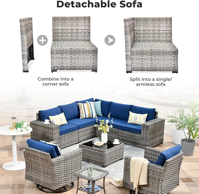 ovios 9 Pieces Patio Furniture Set, Outdoor Wicker Sectional Sofa with 2 Swivel Chairs Coffee Table, Modern Modular Deep Seat Rattan Couch Conversation Sets, Navy Blue