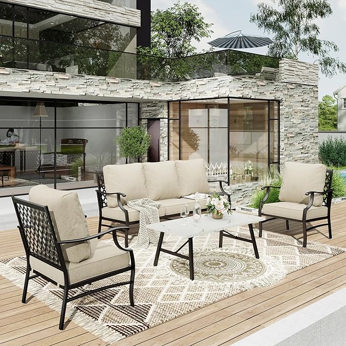 HERA'S HOUSE 4 Piece Patio Furniture Set, 2 x Metal Frame Cushioned Chair, 3-Seat Sofa with Marbling Coffee Table, All Weahter Outdoor Conversation Set for Lawn Garden Backyard