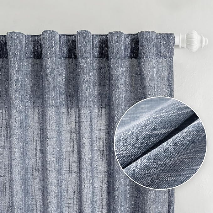 MYSKY HOME Semi Sheer Curtains 72 Inch Length, Light Filtering Window Drapes French Door Curtain Panels Privacy Shade Burlap Farmhouse Rustic Style for Doorways, 50" x 72", Dusty Blue, 2 Panels