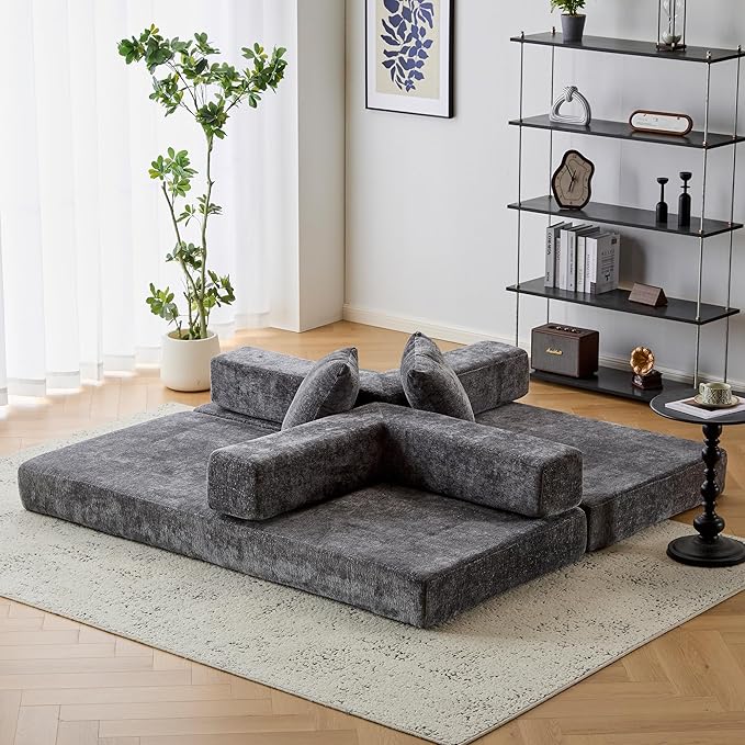 Convertible Floor Sofa Bed with Fixed-Shape Frame, Modular Chenille Folding Mattress Couch with Armrest, Floor Sofa Lounge Couch for Living Room Bedroom Lounge Studio,Dark Grey
