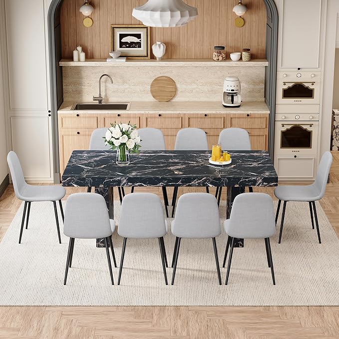 Marble Dining Table Set 79" |Modern Dining Table Set with 10 Linen Chairs|Engineered Wood with Marble Pattern Tabletop|Widened and Stable Tablelegs|Easy Assembly