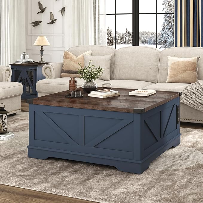40” Large Farmhouse Lift Top Coffee Table with Power Outlets and Large Hidden Storage, Square Wood Living Room Tables, Multi-Function Lift Wooden Barn Door Center Table, Blue