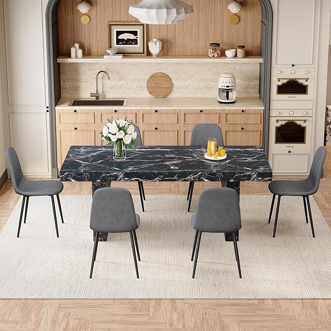 79" Marble Dining Table Set|Modern Dining Table Set with 6 Artifical Leather Chairs|Engineered Wood with Marble Pattern Tabletop|Widened and Stable Tablelegs|Easy Assembly