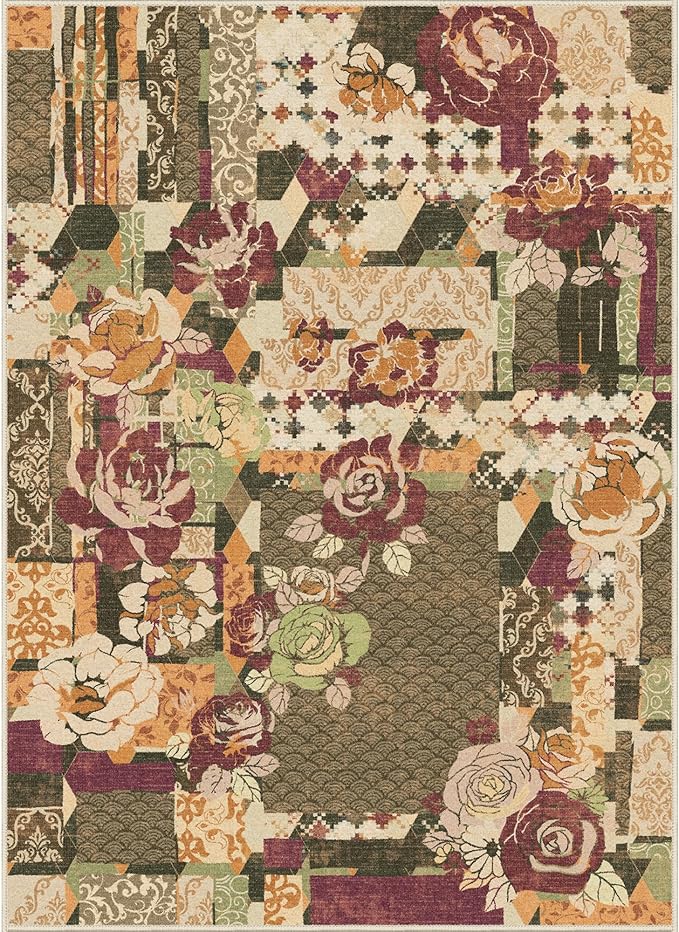 GENIMO 5X7 Floral Area Rugs for Living Room, Machine Washable Non Slip Vintage Patchwork Washable Rug, Ultra-Thin Low Pile Chenille Rugs for Bedroom, Dining Room, Auburn Cinnamon