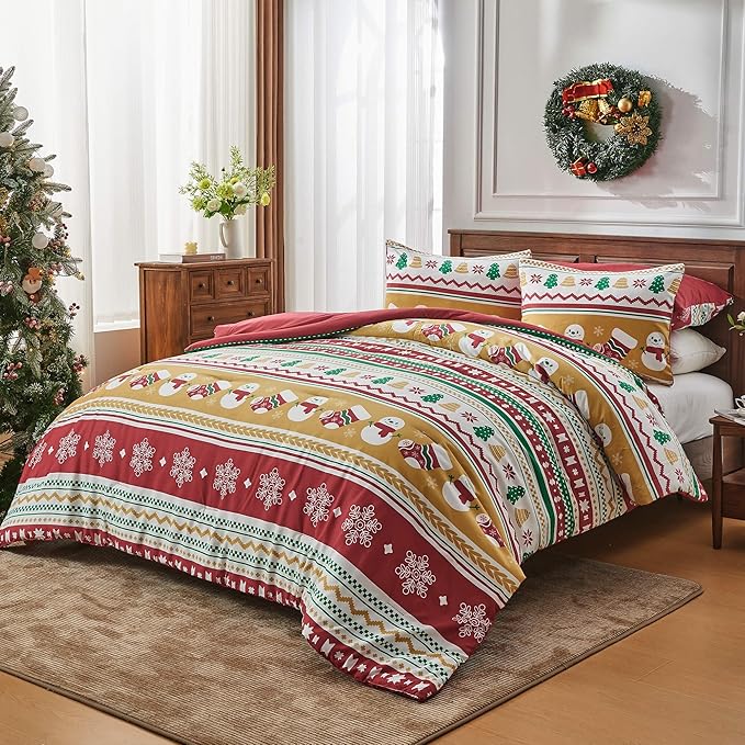 Bonlino Christmas Queen Comforter Set - 4 Pieces Christmas Fluffy Bedding Sets, Farmhouse Queen Size Bed with Boho Lightweight Bedding Xmas Red Striped Comforter Set