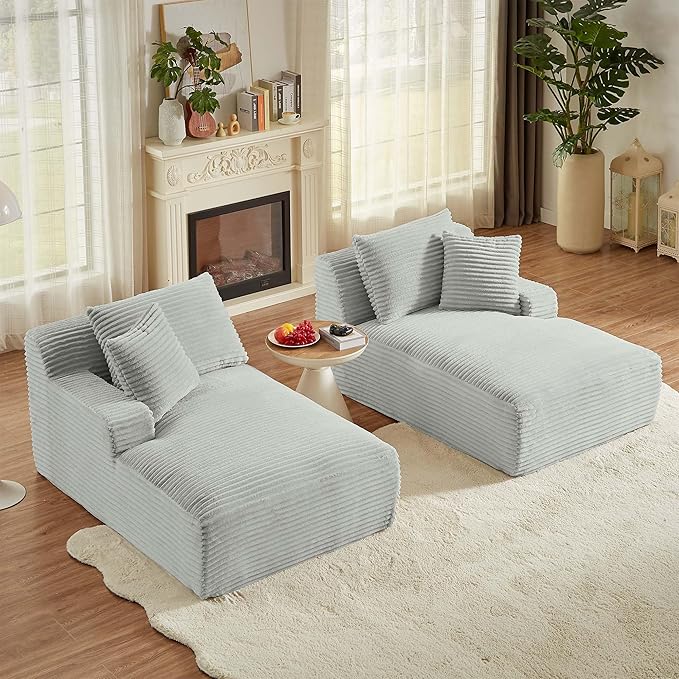 GNIXUU 78.8" Oversized Double Chaise Lounges Indoor, 2 Pieces Comfy Corduroy Chaise Lounge Chair Cloud Boneless Couch, Fluffy Upholstered Sleeper Loveseat Bed for Living Room Bedroom(Light Gray)