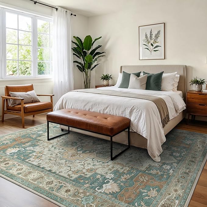 GENIMO 8x10 Area Rugs for Living Room, Machine Washable Non Slip Vintage Rugs, Low Pile Lightweight Chenille Print Rug for Bedroom, Dining Room, Home Office,Ash Blue