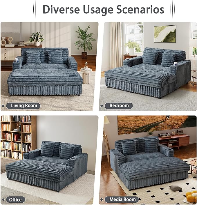 RARZOE 64'' Oversized Chaise Lounge Chair Indoor, Plush Faux Rabbit Fur Sleeper Sofa Bed with 4 Pillows, Charging Station & Cup Holders, Fluffy Comfy Cloud Couch Loveseat Sofa for Living Room,Grey