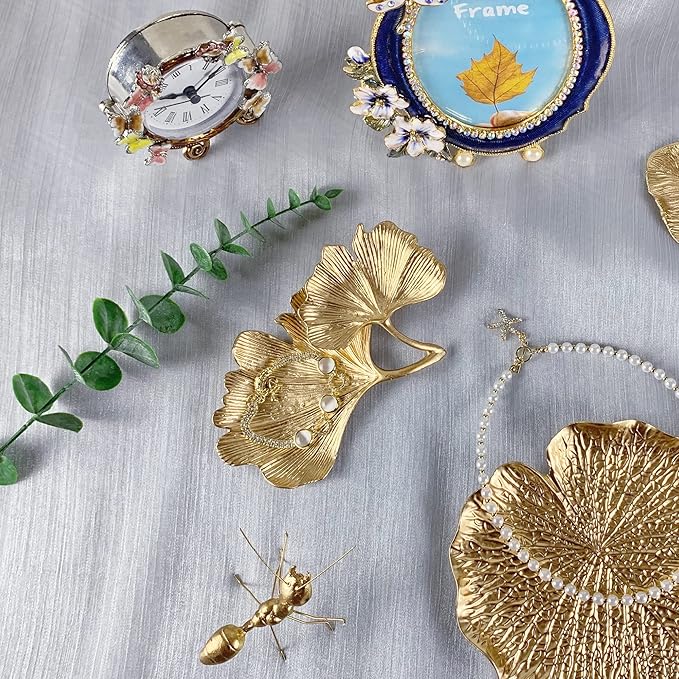 Metal Jewelry Dish, Small Leaf Shaped Ring Holder Jewelry Organizer, Trinket Dish Vanity Tray for Dresser Christmas Birthday Wedding Gifts 2-Tier Ginkgo-Gold