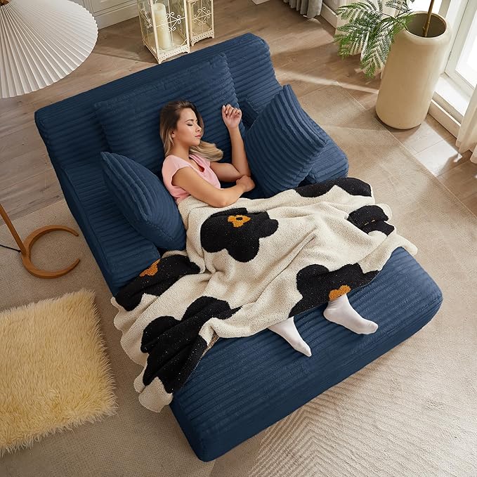 Boneless Couch Sofa Chiar Chaise Lounge Chair Indoor Upholstered Corduroy Couch Cloud Sleeper Sofa Oversized Reading Chair for Living Room No Assembly Required (Blue, 50" W x 67" D)