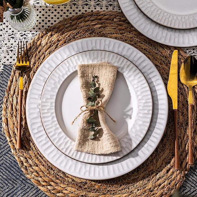 GBHOME Ceramic Dinnerware Sets, 24 pcs Embossed Elegant Stoneware Plates and Bowls Sets, Housewarming Wedding Gift | Dishwasher & Microwave Safe | Dishes Set Service for 8