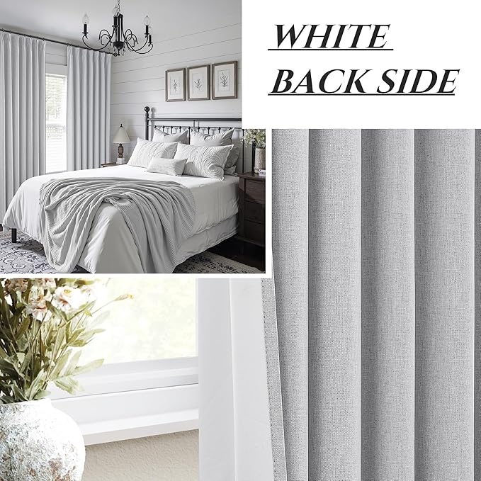 Light Grey Black Out Curtains 96 Inch Long for Living Room, Pinch Pleated Flax Linen Modern Insulated Drapes with Hooks Bedroom Curtain 2 Panels Set Soundproof Privacy Windows (40"Wx96"Lx2 Light Gray)