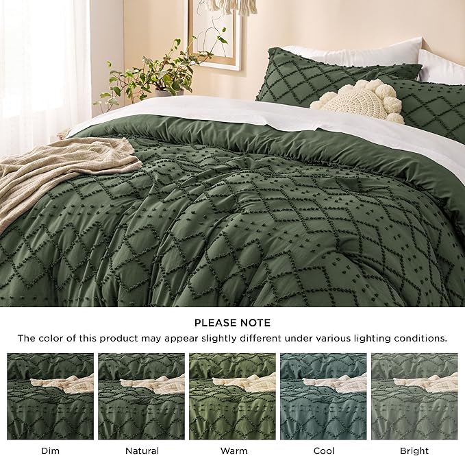 Bedsure Full Comforter Set - Olive Green Comforter, Boho Tufted Shabby Chic Bedding for Kids, 3 Pieces Vintage Farmhouse Bed Set for All Seasons, Fluffy Soft Bedding with 2 Pillow Shams