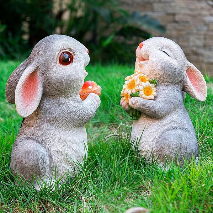 Solar Rabbit Garden Statues Outdoor Bunny Decor Resin Bunny Figurine Holding Mushroom with LED Lights for Porch Patio Lawn Yard Housewarming Gardening Gifts for Mom Grandma