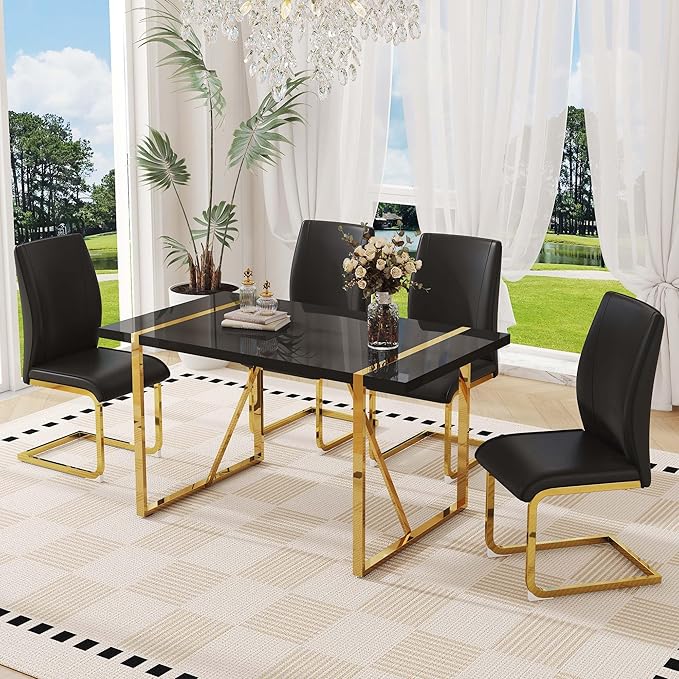 55" Black Dining Table Set for 4, 5 Piece Dining Table Set, 1.5" Black Glossy Wood Tabletop with Gold Metal Legs, Modern Kitchen Table Set with 4 Bow-legged Faux Leather Chairs for Dining, Small Space
