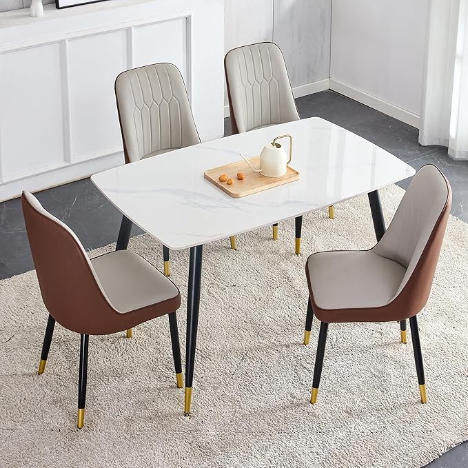 50" White Modern Marble Dining Table Set for 4, Sintered Stone Tabletop with 4 Upholstered PU Leather Chair Compact Dinette Table Set for Small Space Apartment(1White Table+4Gray Brown Chairs)