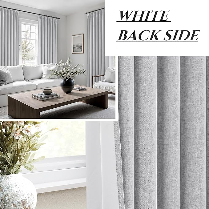 Light Grey Black Out Curtains 90 Inch Long for Living Room, Pinch Pleated Flax Linen Modern Insulated Drapes with Hooks Bedroom Curtain 2 Panels Set Soundproof Privacy Windows (40"Wx90"Lx2 Light Gray)